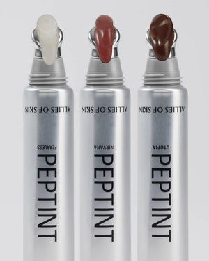Three silver squeeze tubes of Peptint skincare from Allies of Skin, labeled Utopia, Nirvana, and Fearless, with their respective cream products dispensed below against a light gray background.