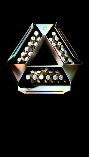 Allies of Skin holographic triangle ampoule set with silver vials on black background, sign-up mobile banner