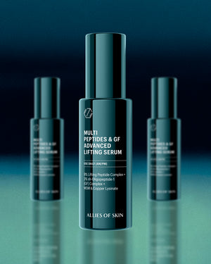 A dark teal cosmetic serum bottle labeled 'MULTI PEPTIDES & GF ADVANCED LIFTING SERUM' by Allies of Skin, centered on a reflective dark teal surface with two matching bottles blurred in the background.