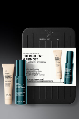 Allies of Skin The Resilient & Firm Set skincare bundle, featuring a black rectangular case with a white product card and three bottles (two teal, one beige) on a dark background.